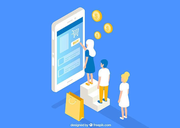 Digitalisierung der Finanzwelt Illustration von Menschen an einem großen Tablet mit Münzen als Symbol für die Digitalisierung der Finanzwelt