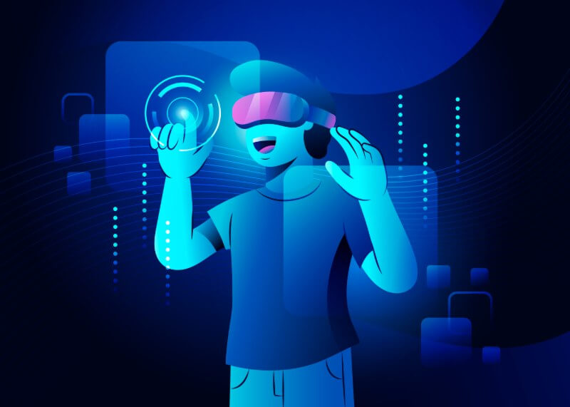 Metaverse und virtuelle Welten Illustration einer Person mit VR-Brille, die eine schwebende digitale Oberfläche bedient, als Symbol für das Metaverse