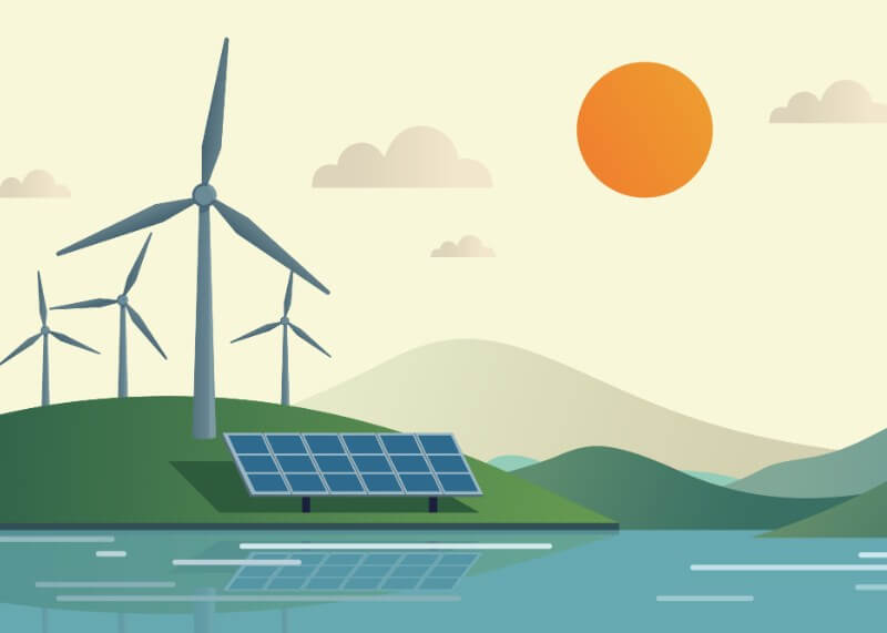 Nachhaltigkeit und Energiewende Illustration mit Windrädern und Solaranlagen in einer grünen Landschaft als Symbol für Nachhaltigkeit und Energiewende