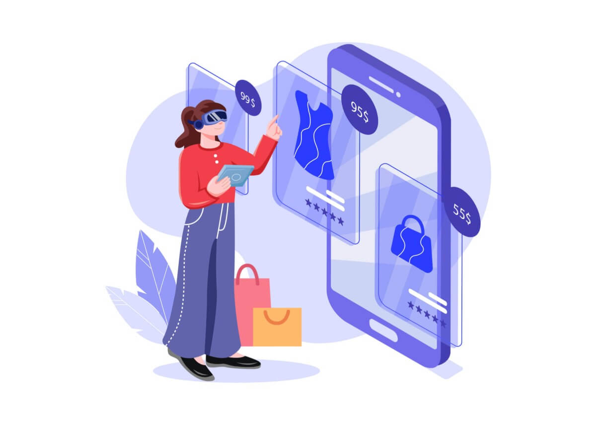 Zukunft des Handels Illustration einer Frau mit VR-Brille, die über ein Smartphone einkauft, als Symbol für die Zukunft des Handels
