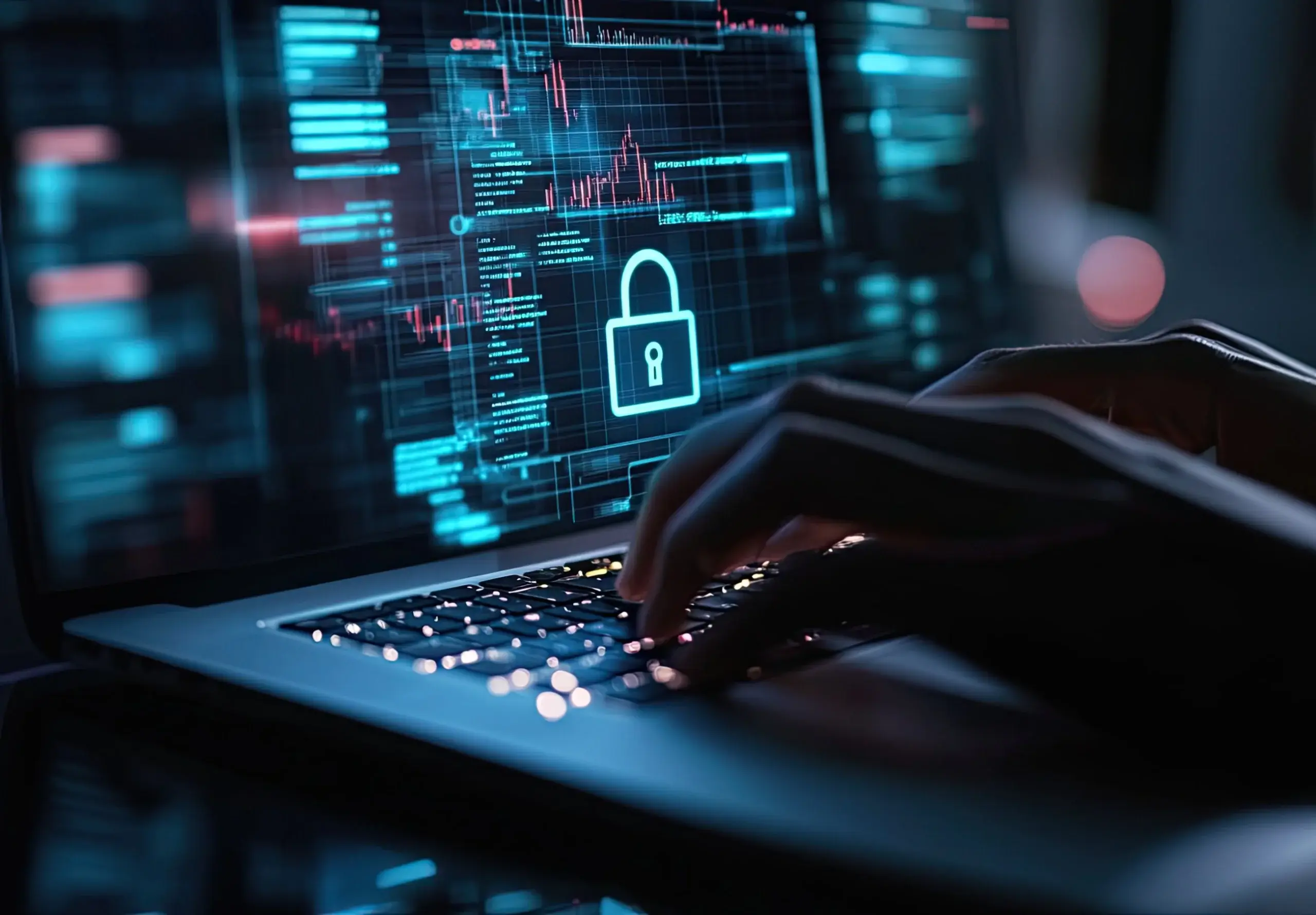 Hand auf einer Laptop-Tastatur, auf dem Bildschirm ein Schloss-Symbol als Sinnbild für WordPress-Sicherheit
